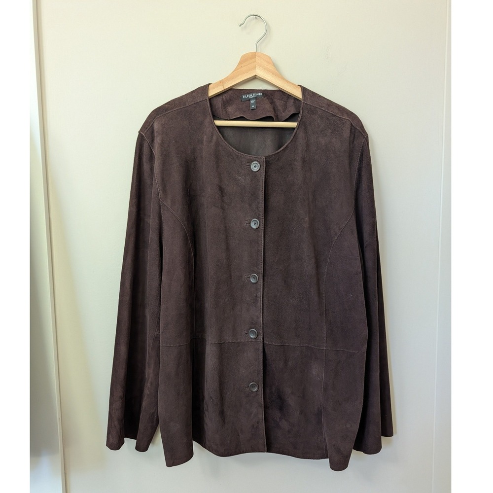 Eileen Fisher Woman Brown Goat Suede Button Front Jacket Plus Size 2X Collarless